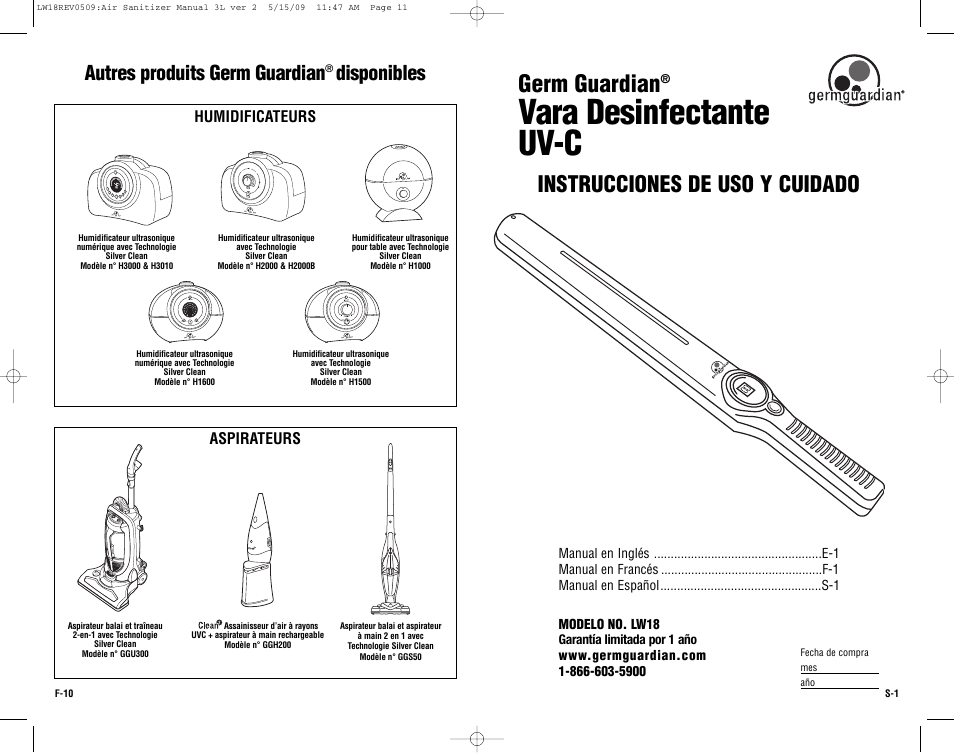 Vara desinfectante uv-c, Germ guardian, Instrucciones de uso y cuidado | Autres produits germ guardian, Disponibles, Humidificateurs, Aspirateurs | Guardian Technologies LW18 User Manual | Page 11 / 16