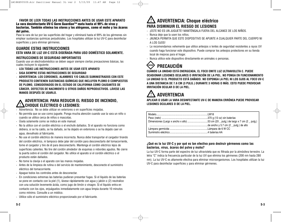 Advertencia: choque eléctrico, Precaución, Advertencia | Guardian Technologies LW18 User Manual | Page 12 / 16