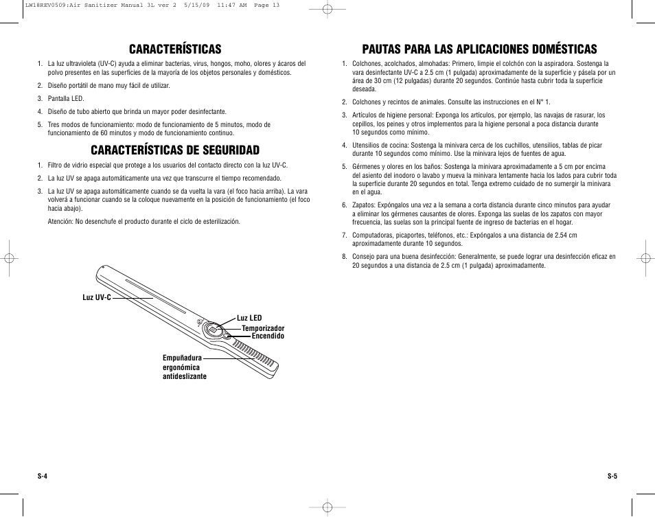 Pautas para las aplicaciones domésticas, Características, Características de seguridad | Guardian Technologies LW18 User Manual | Page 13 / 16
