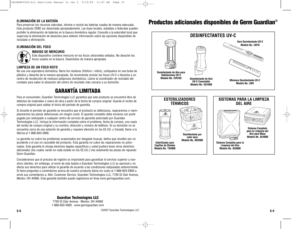 Productos adicionales disponibles de germ guardian, Garantía limitada, Desinfectantes uv-c | Guardian Technologies LW18 User Manual | Page 15 / 16