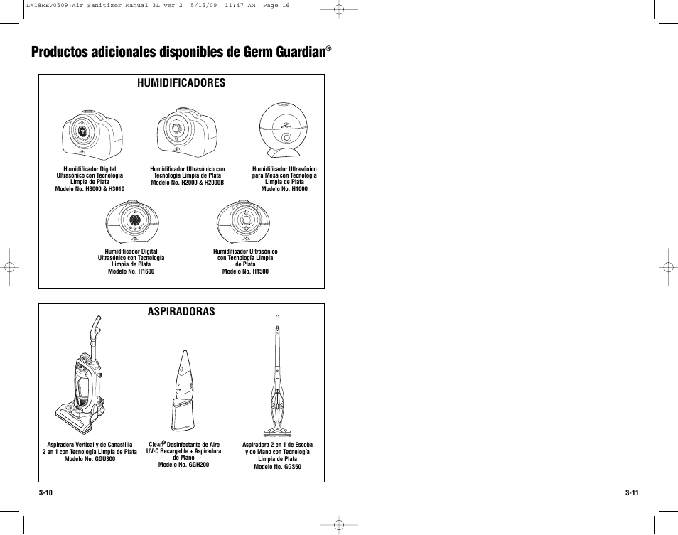 Productos adicionales disponibles de germ guardian, Humidificadores, Aspiradoras | Power spray control cool/warm hi refill | Guardian Technologies LW18 User Manual | Page 16 / 16