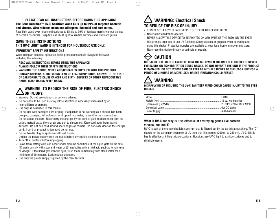 Warning: electrical shock, Caution, Warning | Guardian Technologies LW18 User Manual | Page 2 / 16