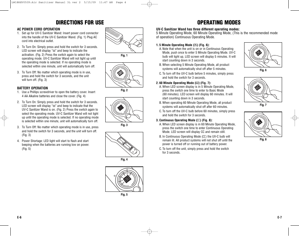 Operating modes, Directions for use | Guardian Technologies LW18 User Manual | Page 4 / 16