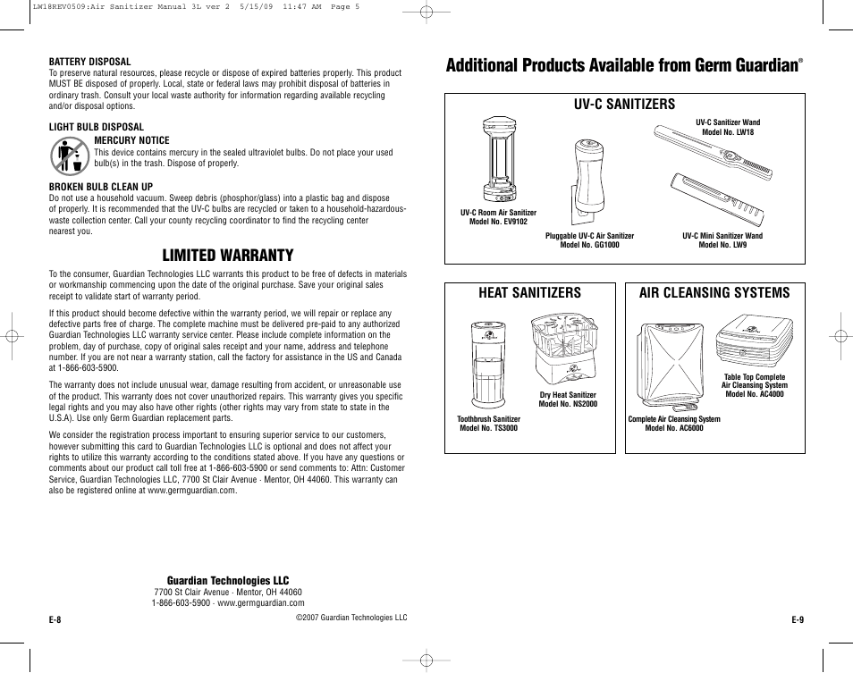 Additional products available from germ guardian, Limited warranty, Uv-c sanitizers | Heat sanitizers, Air cleansing systems | Guardian Technologies LW18 User Manual | Page 5 / 16