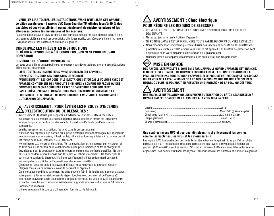 Avertissement : choc électrique, Mise en garde, Avertissement | Guardian Technologies LW18 User Manual | Page 7 / 16