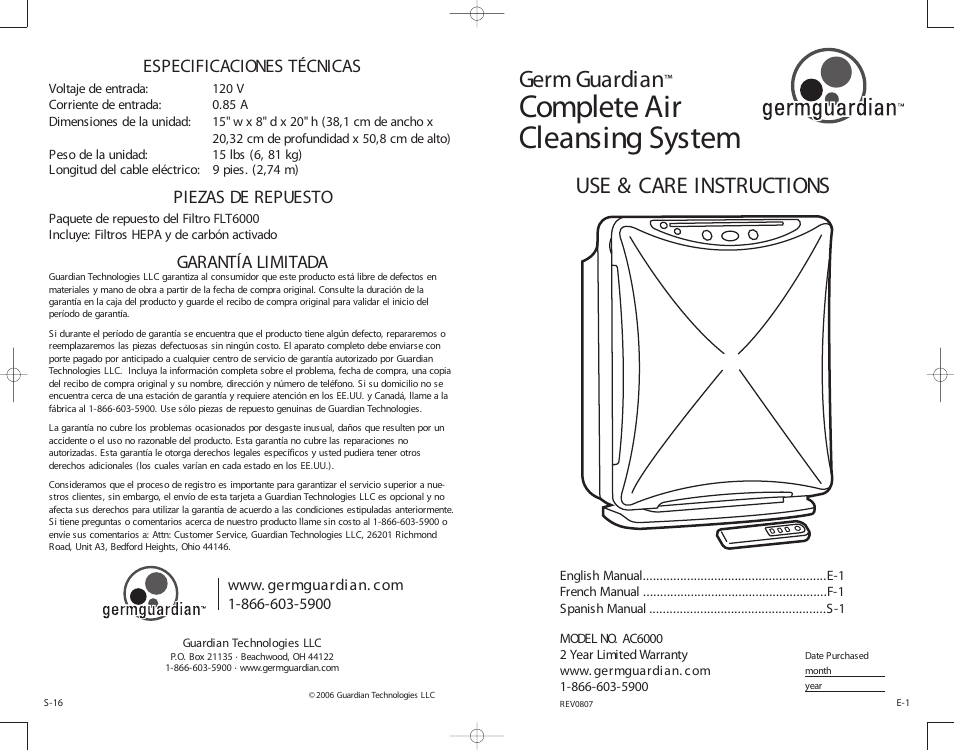 Guardian Technologies AC6000 User Manual | 24 pages