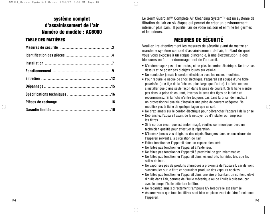 Mesures de sécurité | Guardian Technologies AC6000 User Manual | Page 10 / 24