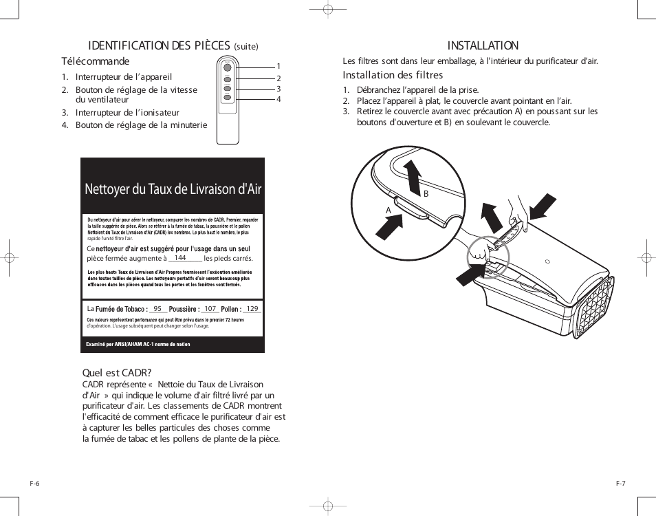 Nettoyer du taux de livraison d'air, Identification des pièces, Installation | Télécommande, Installation des filtres, Quel est cadr | Guardian Technologies AC6000 User Manual | Page 12 / 24