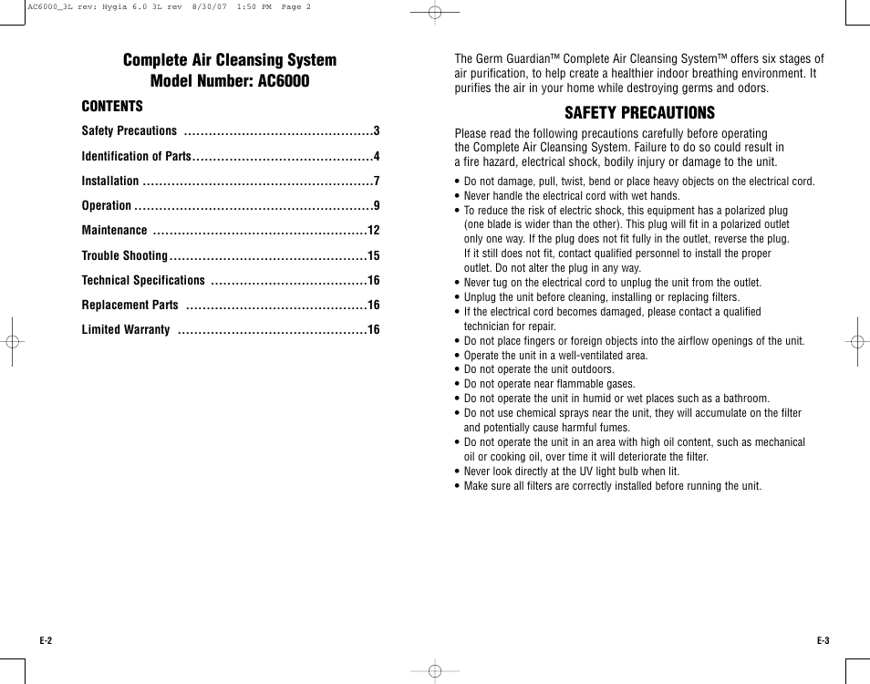 Safety precautions, Complete air cleansing system model number: ac6000 | Guardian Technologies AC6000 User Manual | Page 2 / 24