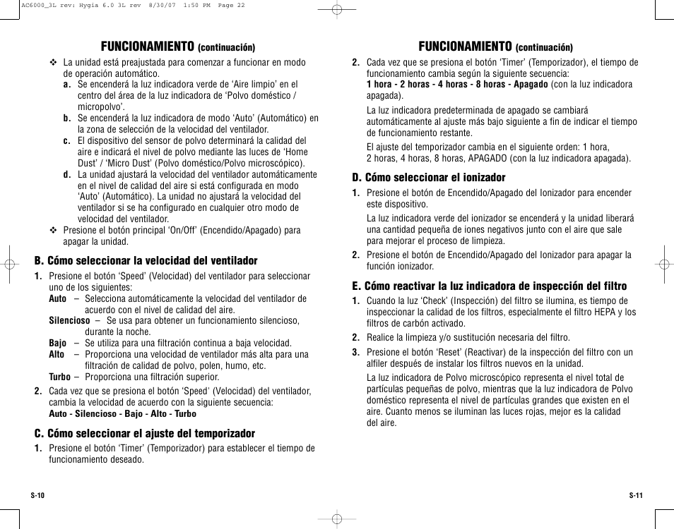 Funcionamiento | Guardian Technologies AC6000 User Manual | Page 22 / 24