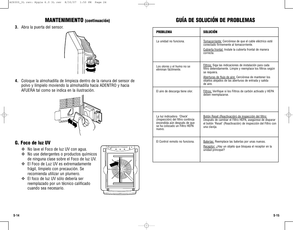 Mantenimiento, Guía de solución de problemas | Guardian Technologies AC6000 User Manual | Page 24 / 24