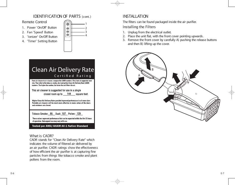 Clean air delivery rate, Identification of parts, Installation | Guardian Technologies AC6000 User Manual | Page 4 / 24