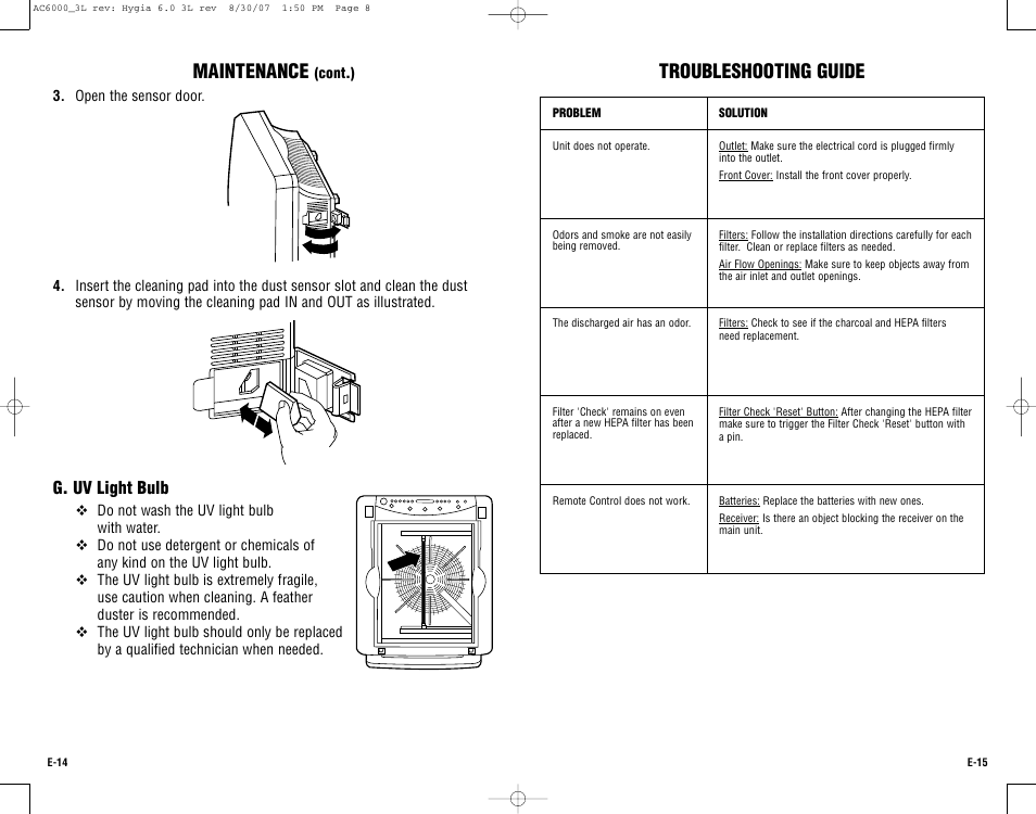 Troubleshooting guide, Maintenance | Guardian Technologies AC6000 User Manual | Page 8 / 24