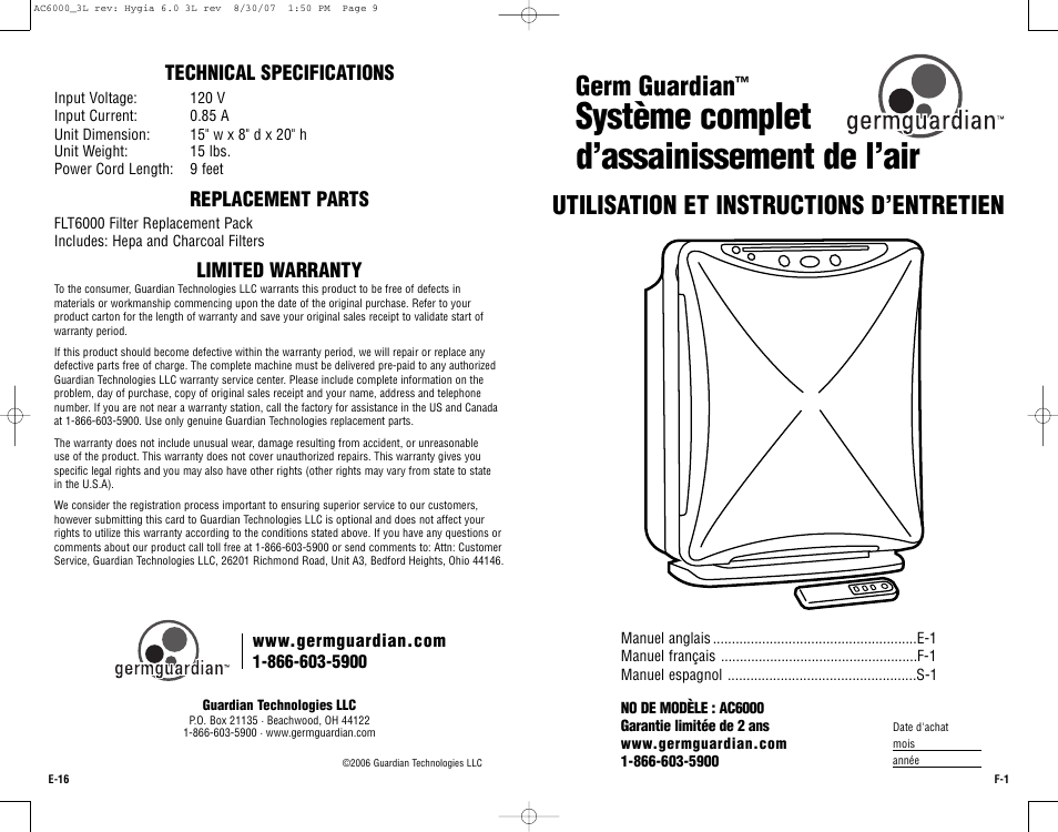 Système complet d’assainissement de l’air, Germ guardian, Utilisation et instructions d’entretien | Technical specifications, Replacement parts, Limited warranty | Guardian Technologies AC6000 User Manual | Page 9 / 24