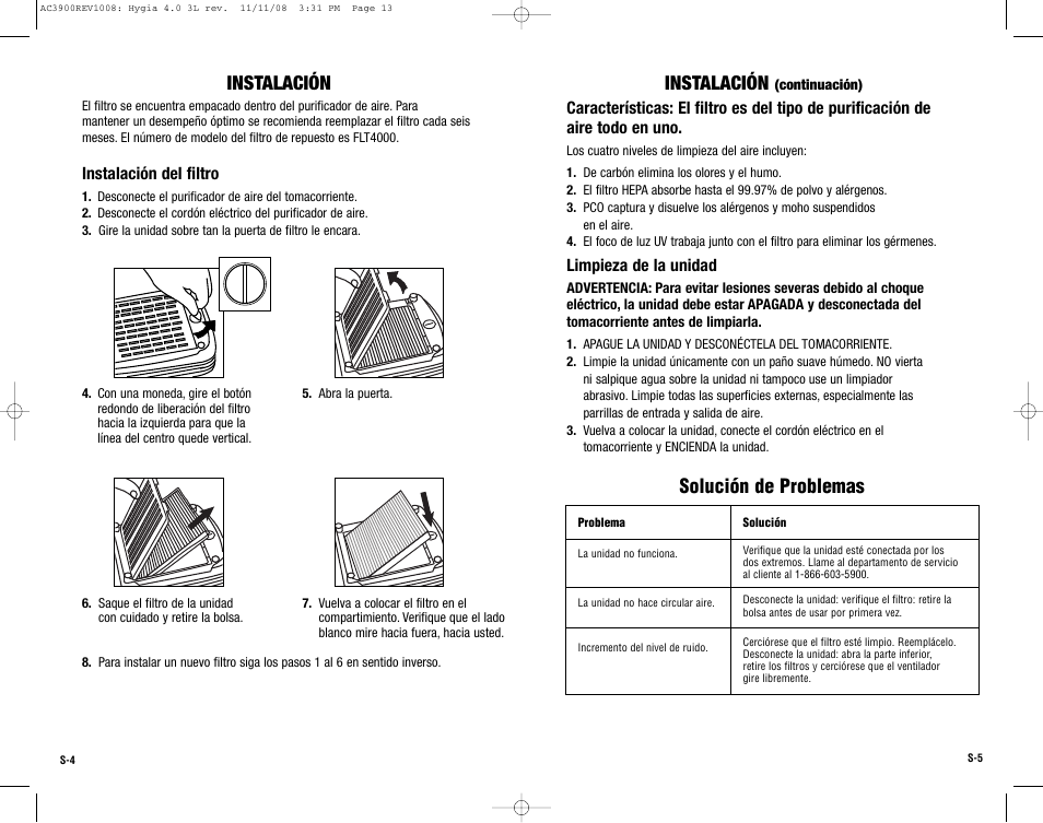 Instalación, Solución de problemas | Guardian Technologies AC3900 User Manual | Page 13 / 16