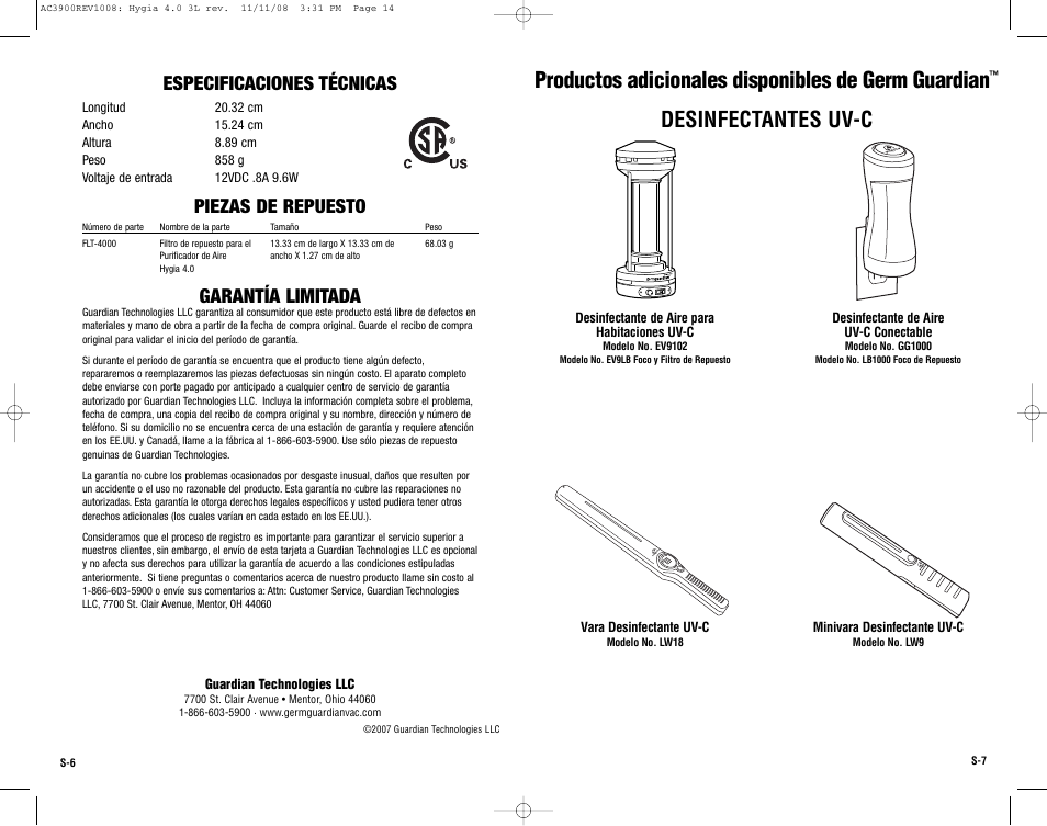 Productos adicionales disponibles de germ guardian, Desinfectantes uv-c, Especificaciones técnicas | Piezas de repuesto, Garantía limitada | Guardian Technologies AC3900 User Manual | Page 14 / 16