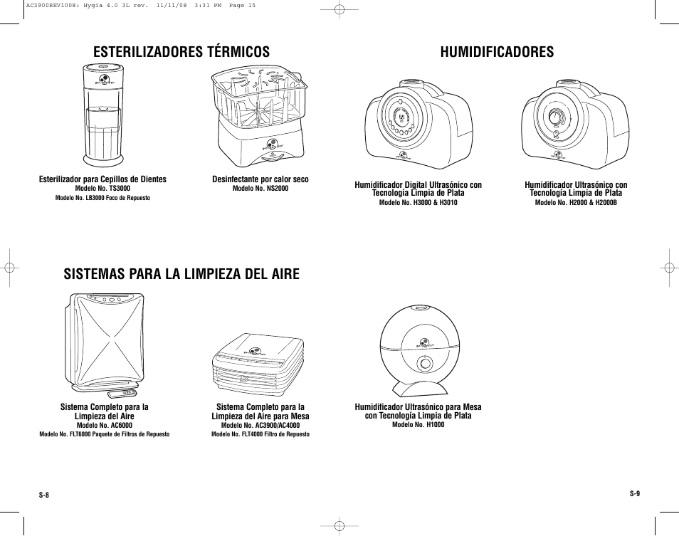 Esterilizadores térmicos, Sistemas para la limpieza del aire, Humidificadores | Guardian Technologies AC3900 User Manual | Page 15 / 16