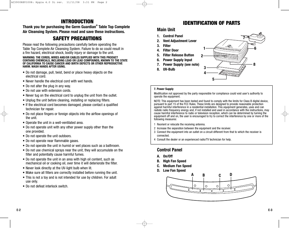 Introduction, Safety precautions, Identification of parts | Guardian Technologies AC3900 User Manual | Page 2 / 16