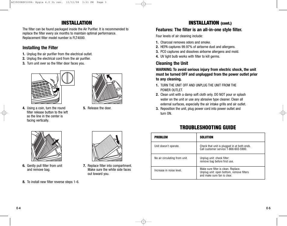 Installation, Troubleshooting guide | Guardian Technologies AC3900 User Manual | Page 3 / 16