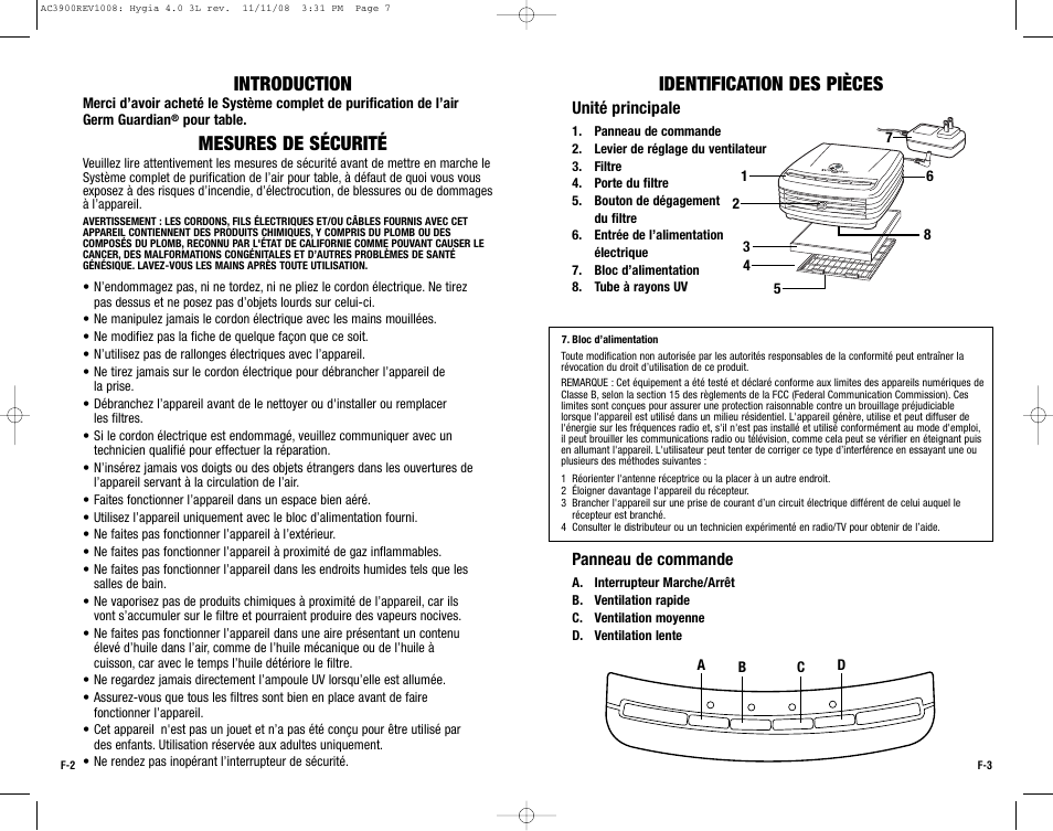 Introduction, Mesures de sécurité, Identification des pièces | Guardian Technologies AC3900 User Manual | Page 7 / 16