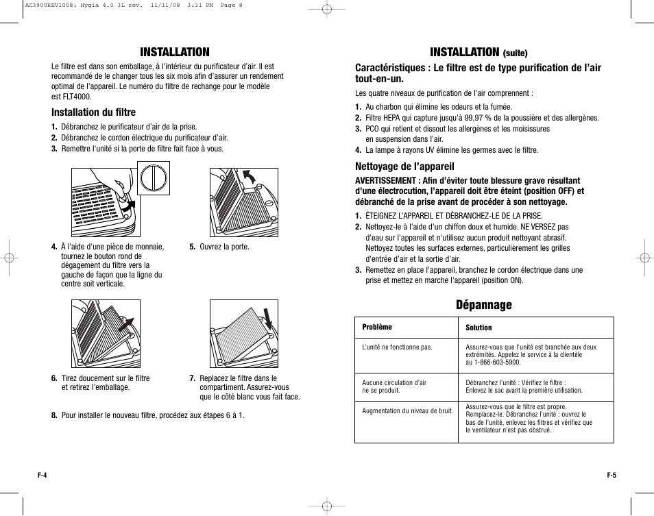 Installation, Dépannage | Guardian Technologies AC3900 User Manual | Page 8 / 16