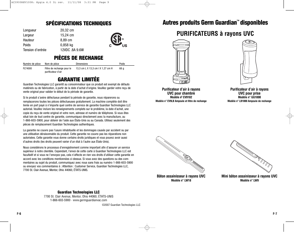 Autres produits germ guardian, Disponibles, Purificateurs à rayons uvc | Spécifications techniques, Pièces de rechange, Garantie limitée | Guardian Technologies AC3900 User Manual | Page 9 / 16