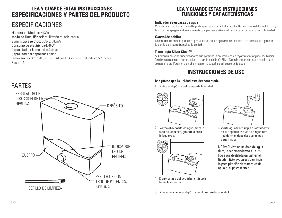 Especificaciones y partes del producto, Especificaciones partes, Instrucciones de uso | Funciones y características | Guardian Technologies H1300 User Manual | Page 10 / 12