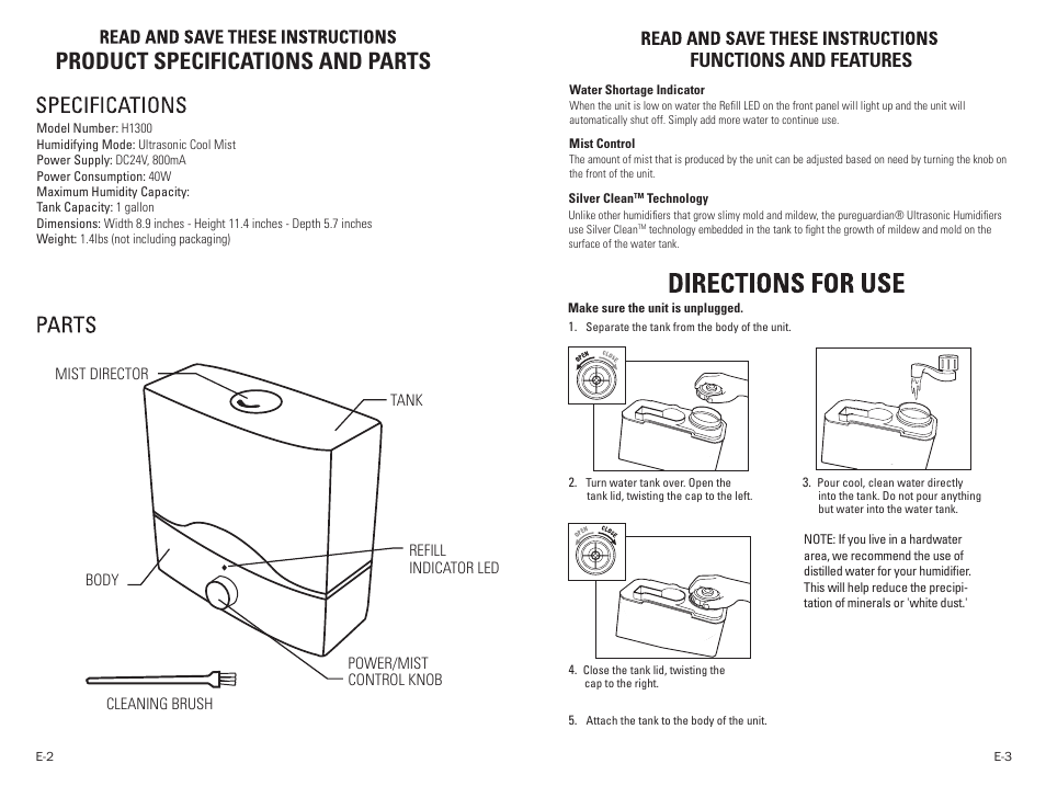 Product specifications and parts, Functions and features | Guardian Technologies H1300 User Manual | Page 2 / 12