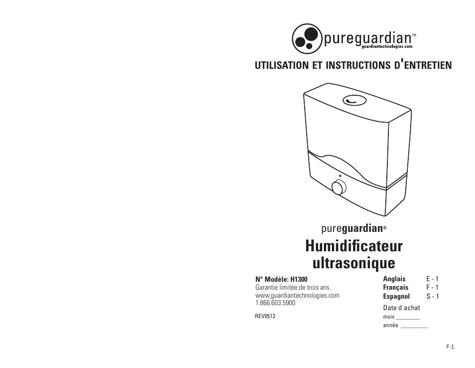 Humidificateur ultrasonique, Pure guardian | Guardian Technologies H1300 User Manual | Page 5 / 12