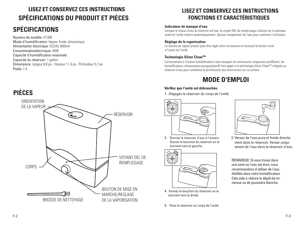 Spécifications du produit et pièces, Spécifications pièces, Mode d'emploi | Fonctions et caractéristiques | Guardian Technologies H1300 User Manual | Page 6 / 12