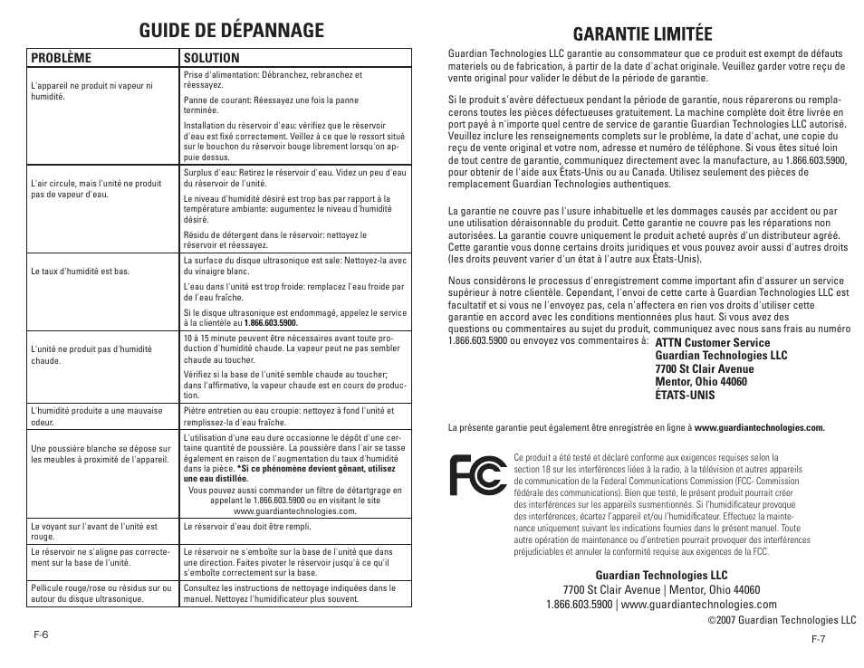 Guide de dépannage | Guardian Technologies H1300 User Manual | Page 8 / 12