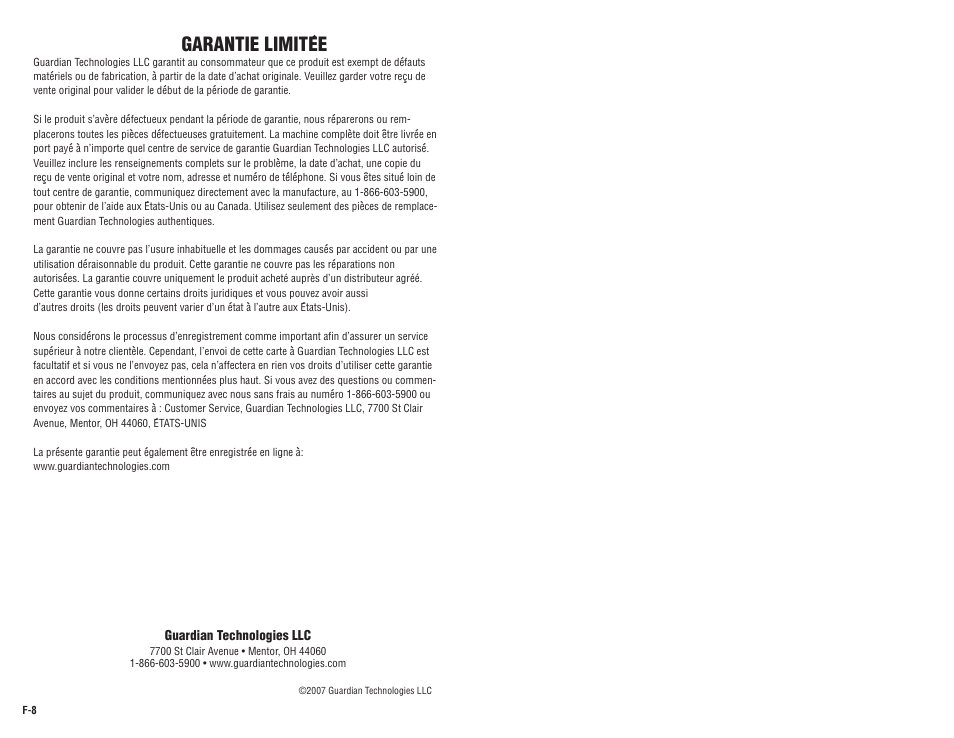 Garantie limite ́ e | Guardian Technologies H1500 User Manual | Page 10 / 15