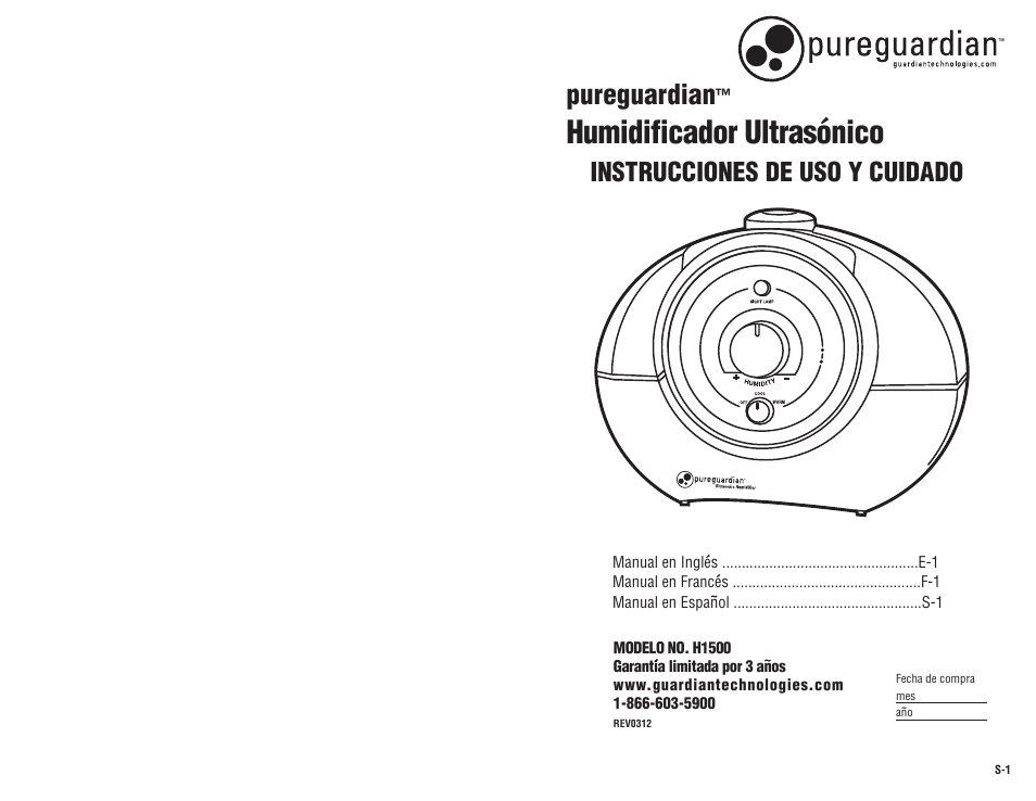 Humidificador ultraso ́ nico, Pureguardian, Instrucciones de uso y cuidado | Guardian Technologies H1500 User Manual | Page 11 / 15