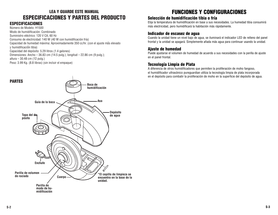 Especificaciones y partes del producto, Funciones y configuraciones | Guardian Technologies H1500 User Manual | Page 12 / 15