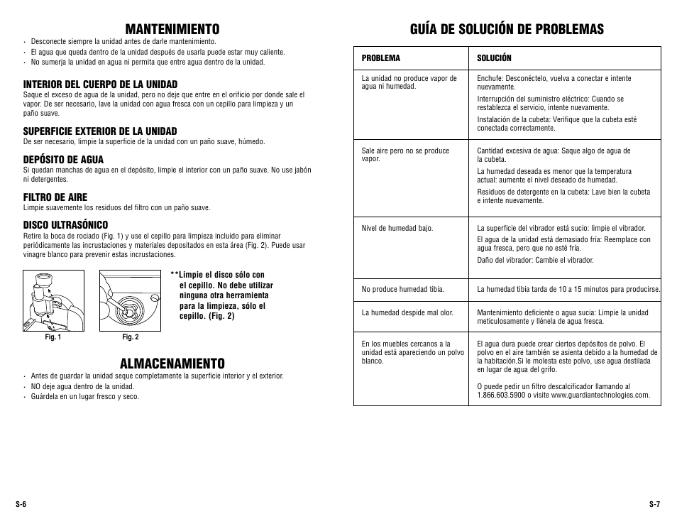 Mantenimiento, Almacenamiento, Guía de solución de problemas | Guardian Technologies H1500 User Manual | Page 14 / 15
