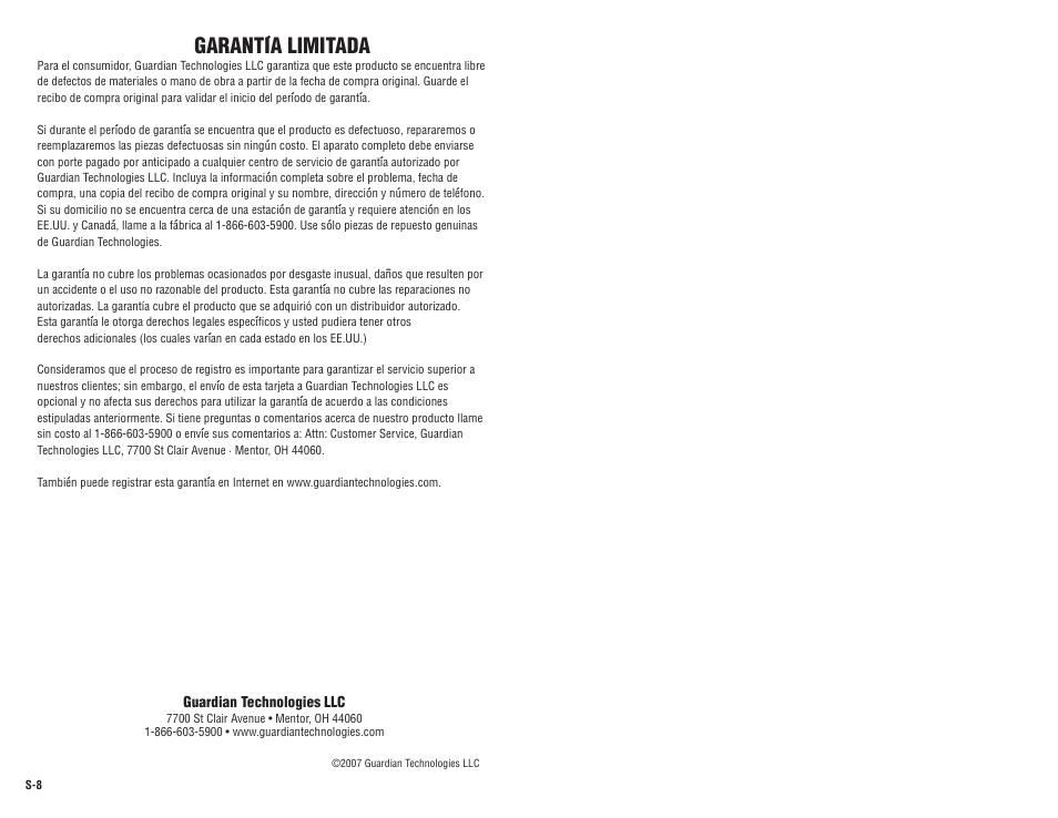 Garanti ́ a limitada | Guardian Technologies H1500 User Manual | Page 15 / 15