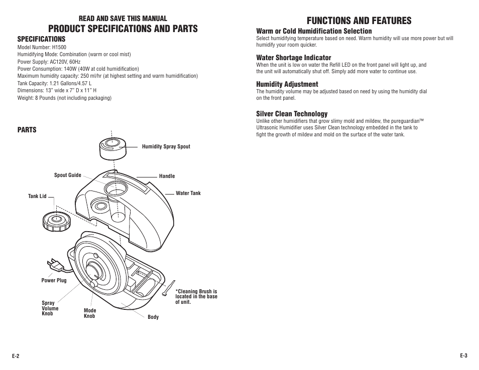 Product specifications and parts, Functions and features | Guardian Technologies H1500 User Manual | Page 2 / 15