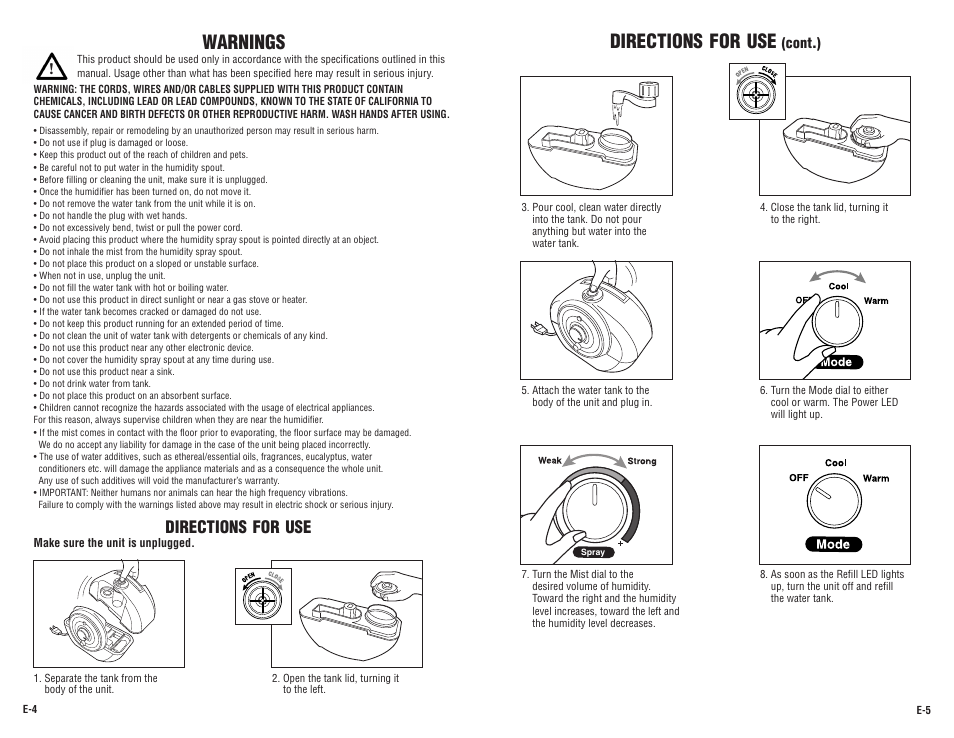 Warnings, Directions for use, Cont.) | Guardian Technologies H1500 User Manual | Page 3 / 15