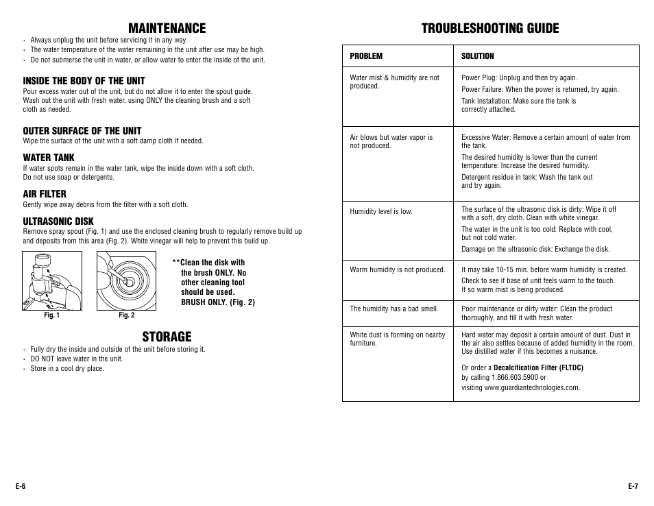 Maintenance, Storage, Troubleshooting guide | Guardian Technologies H1500 User Manual | Page 4 / 15