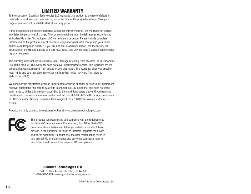 Limited warranty | Guardian Technologies H1500 User Manual | Page 5 / 15