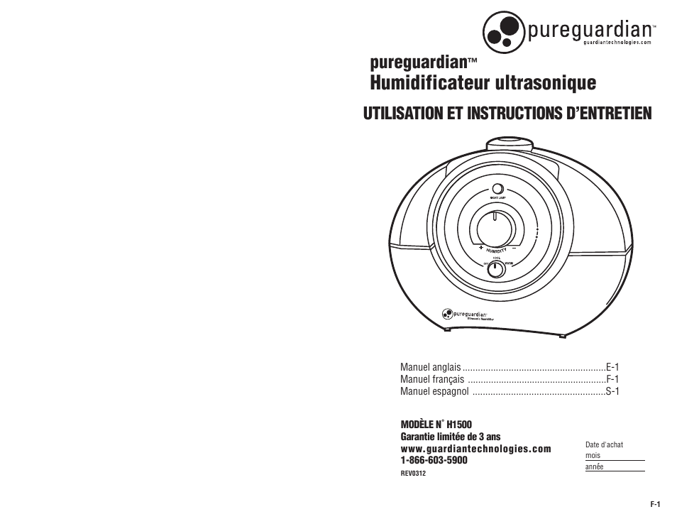 Humidificateur ultrasonique, Pureguardian, Utilisation et instructions d’entretien | Guardian Technologies H1500 User Manual | Page 6 / 15