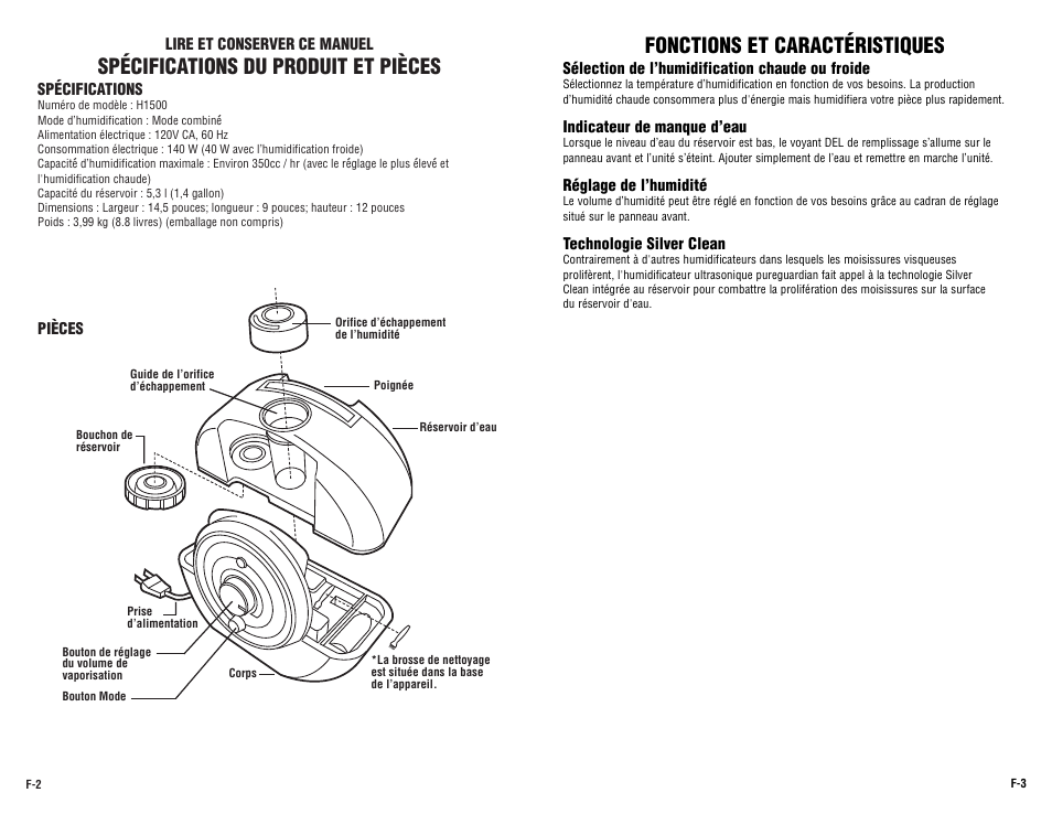 Spécifications du produit et pièces, Fonctions et caractéristiques | Guardian Technologies H1500 User Manual | Page 7 / 15