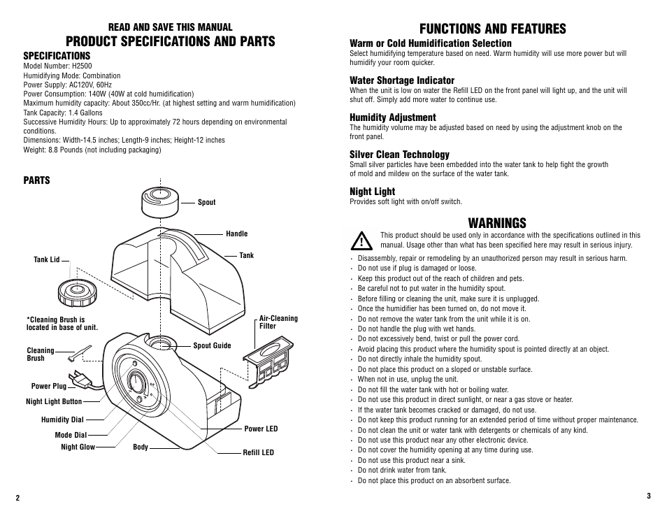 Product specifications and parts, Functions and features, Warnings | Guardian Technologies H2500 User Manual | Page 2 / 4