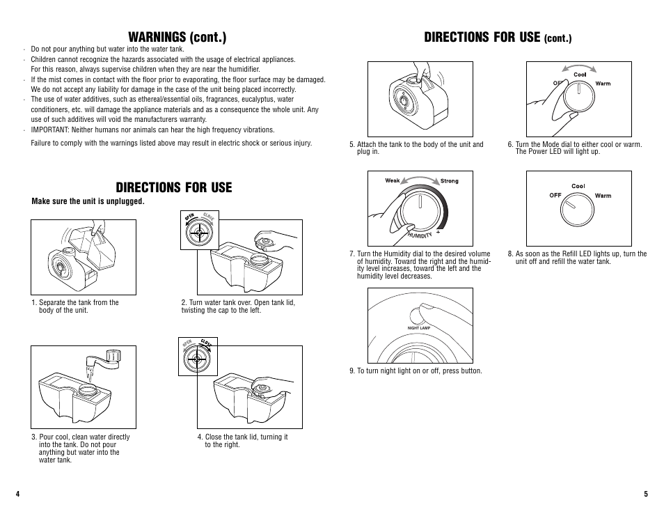 Warnings (cont.), Directions for use | Guardian Technologies H2500 User Manual | Page 3 / 4