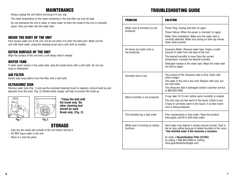 Maintenance, Storage, Troubleshooting guide | Guardian Technologies H2500 User Manual | Page 4 / 4