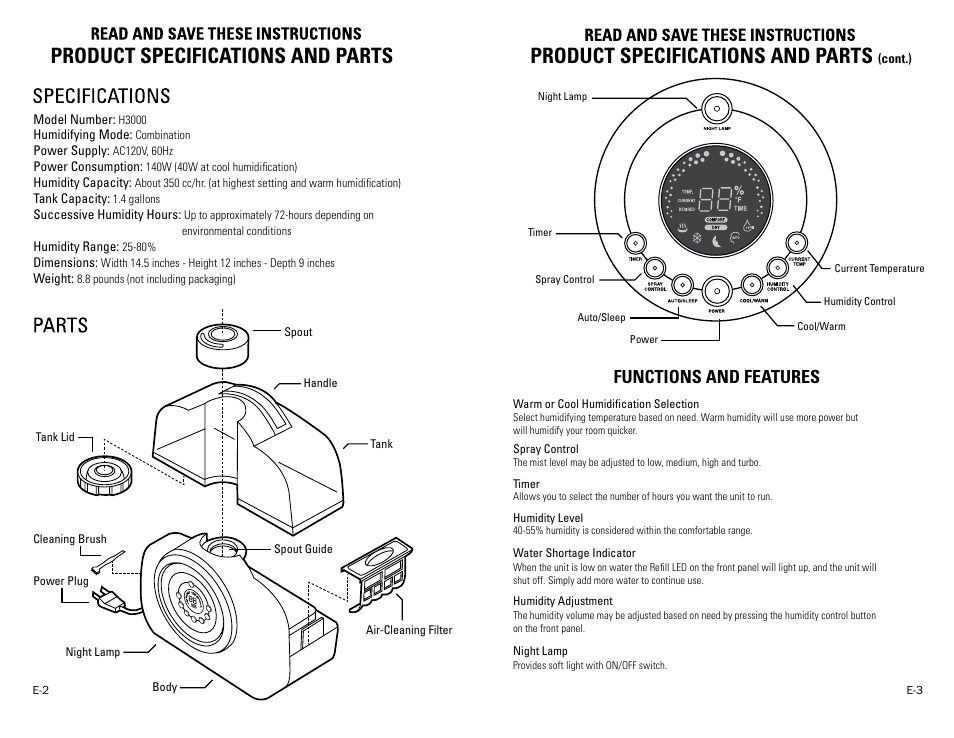 Product specifications and parts, Functions and features | Guardian Technologies H3000 User Manual | Page 2 / 6
