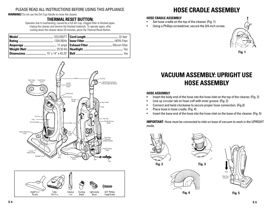 Hose cradle assembly, Vacuum assembly: upright use hose assembly, Thermal reset button | Guardian Technologies GGU350 User Manual | Page 3 / 8