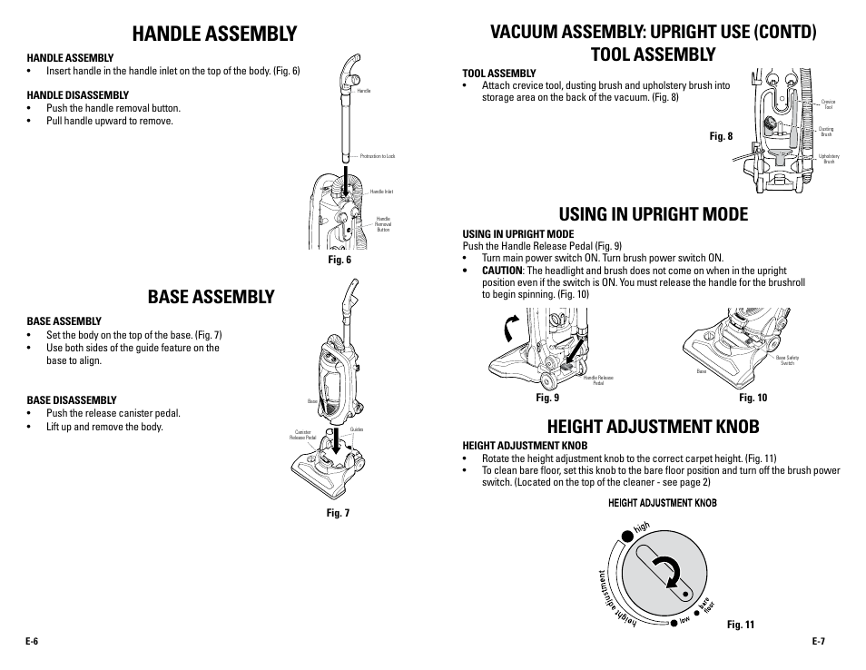 Handle assembly, Vacuum assembly: upright use (contd) tool assembly, Using in upright mode | Height adjustment knob, Base assembly | Guardian Technologies GGU350 User Manual | Page 4 / 8