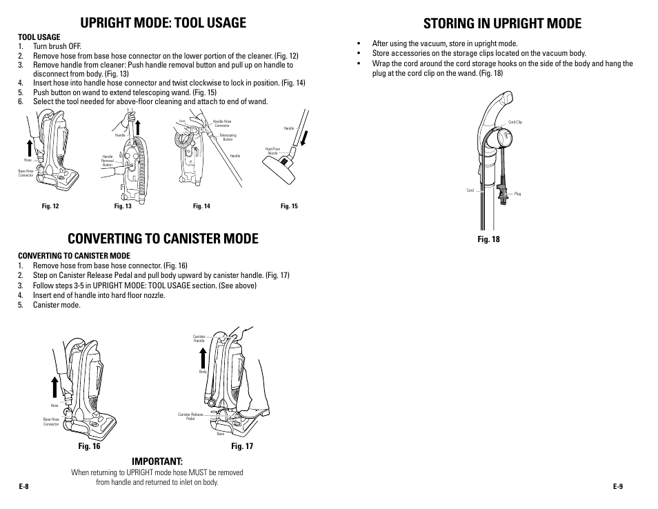 Upright mode: tool usage, Converting to canister mode, Storing in upright mode | Important | Guardian Technologies GGU350 User Manual | Page 5 / 8