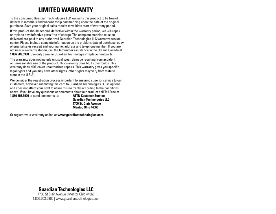 Limited warranty, Guardian technologies llc | Guardian Technologies GGU350 User Manual | Page 8 / 8